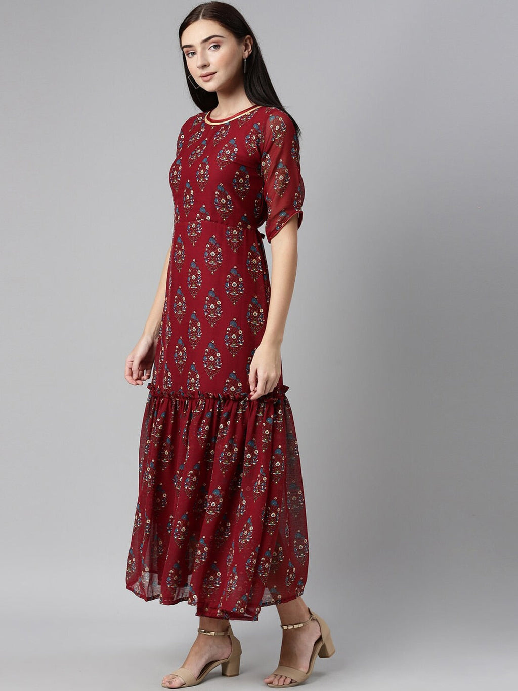 Souchii Maroon & Blue Ethnic Motifs Chiffon Maxi Dress | Grocsy
