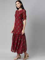 Souchii Maroon & Blue Ethnic Motifs Chiffon Maxi Dress | Grocsy