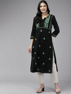 ADA Ethnic Motifs Embroidered Chikankari Cotton Straight Kurta | Grocsy