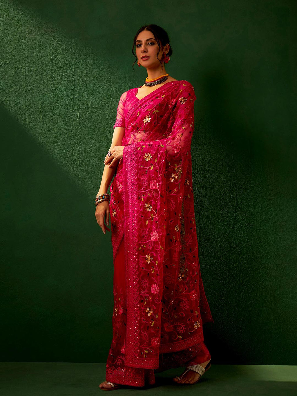 Sangria Embroidered Net Saree | Grocsy