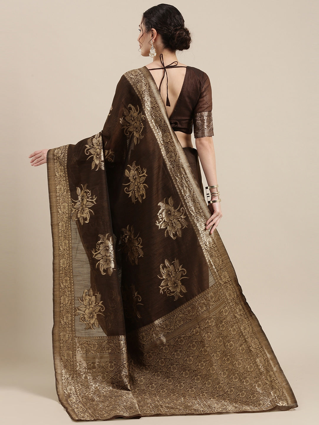 Saree Mall Brown Floral Linen Blend Banarasi Saree | Grocsy