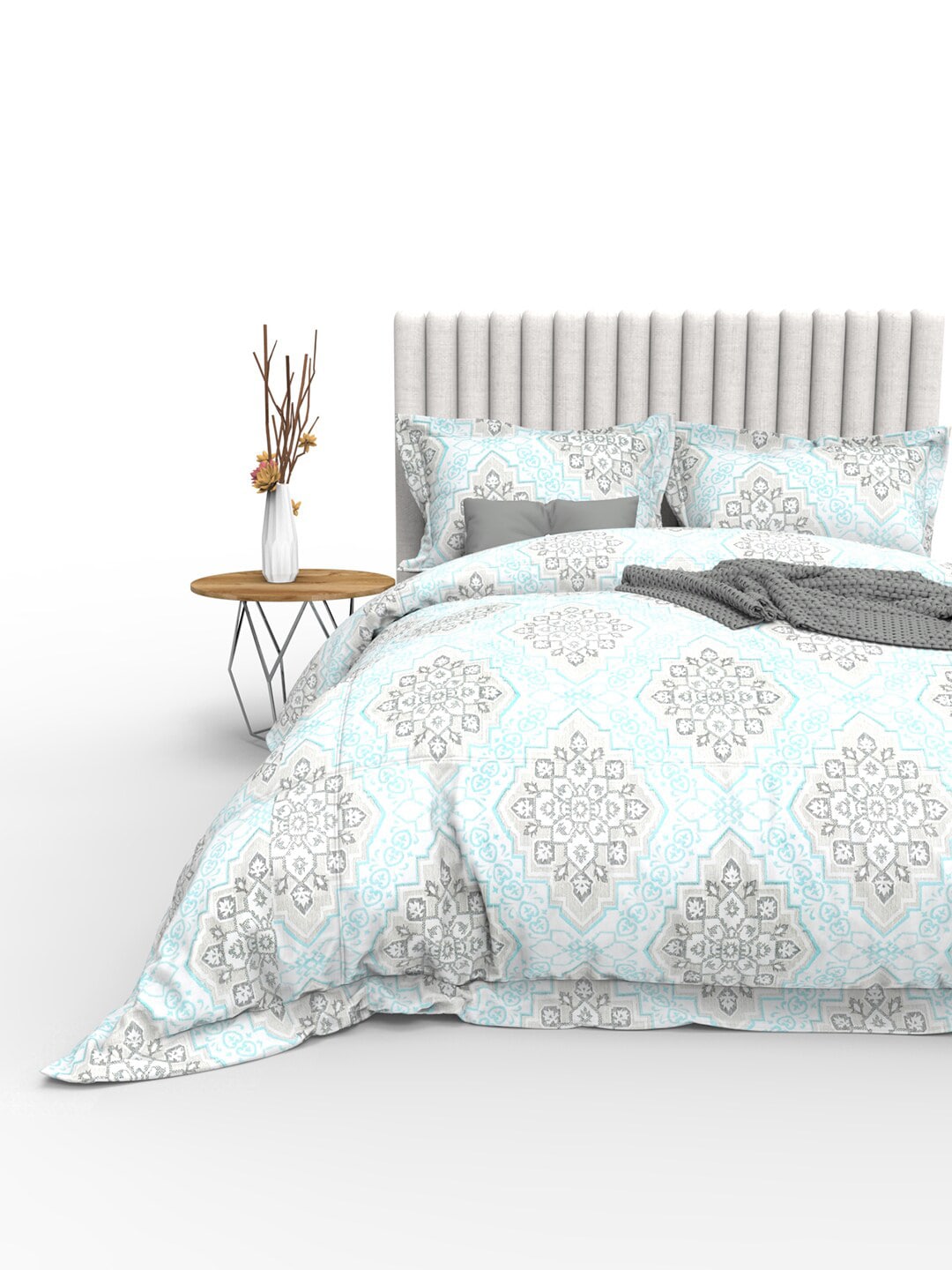 THE WHITE MOSS Blue & Grey Ethnic Motifs 350 TC Cotton King Bedsheet with 2 Pillow Covers | Grocsy
