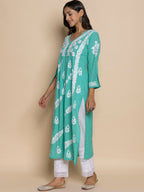 HOUSE OF KARI Floral Embroidered Chikankari Cotton A-Line Kurta | Grocsy