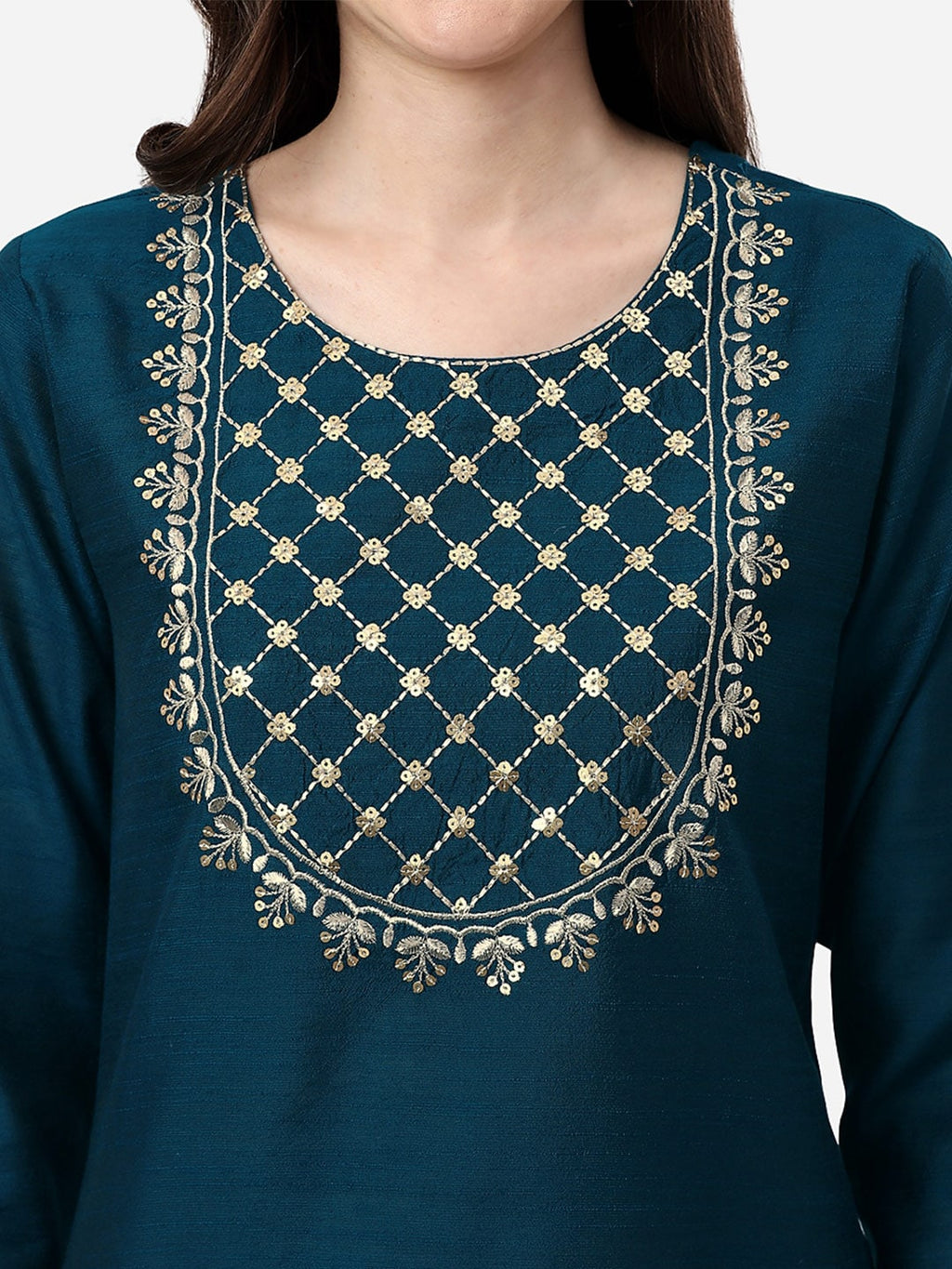 HERE&NOW Women Teal Ethnic Motifs Embroidered Kurta | Grocsy