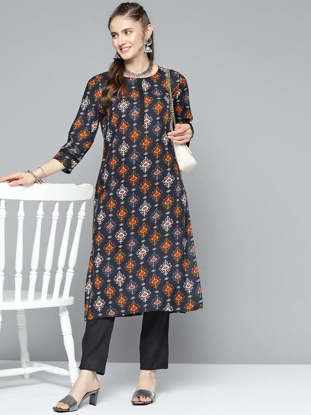 HERE&NOW Women Ethnic Motifs Printed Kurta with Trousers | Grocsy