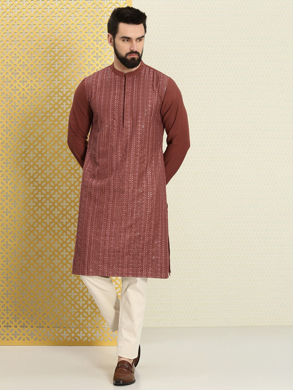 House of Pataudi Men Floral Embroidered Sequined Floral Jashn Kurta | Grocsy