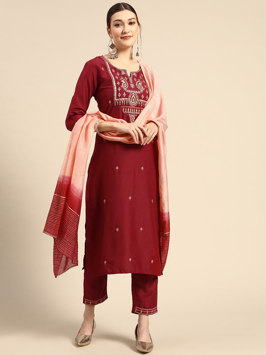 Sangria Women Red Ethnic Motifs Embroidered Pure Cotton Kurta with Trousers & With Dupatta | Grocsy