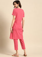Sangria V-Neck Lace Detail Kurta with Trousers | Grocsy