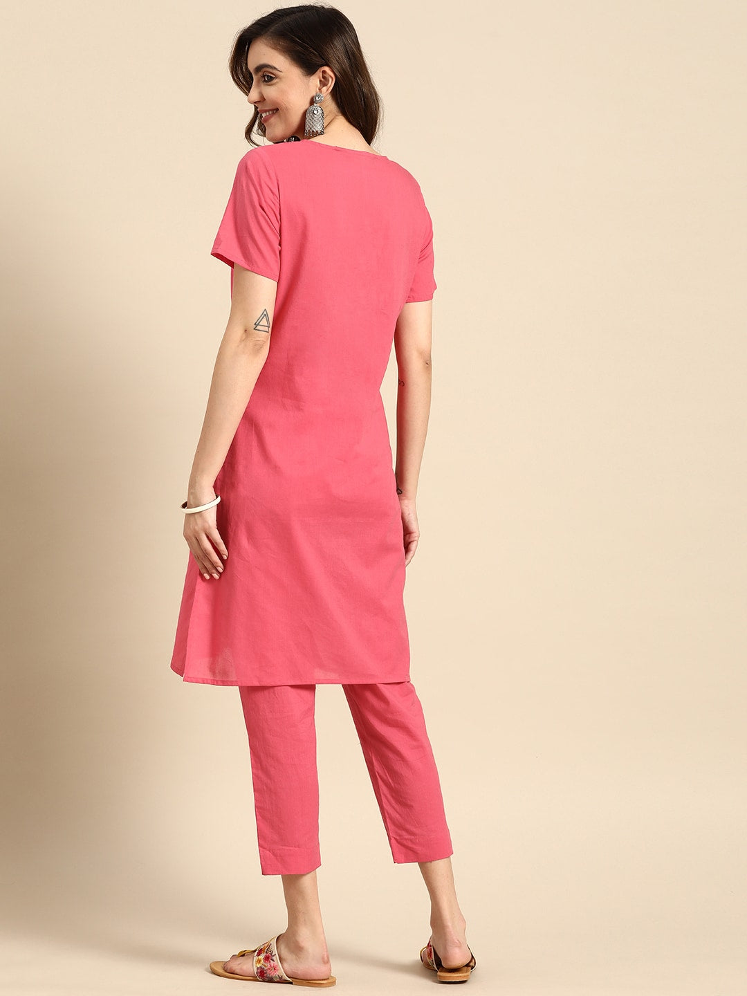 Sangria V-Neck Lace Detail Kurta with Trousers | Grocsy