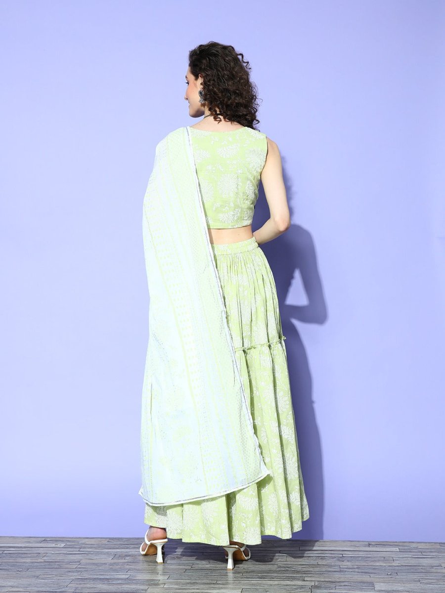 Ahalyaa Pure Cotton Green & White Printed Khari Print Ready to Wear Lehenga & Blouse With Dupatta | Grocsy