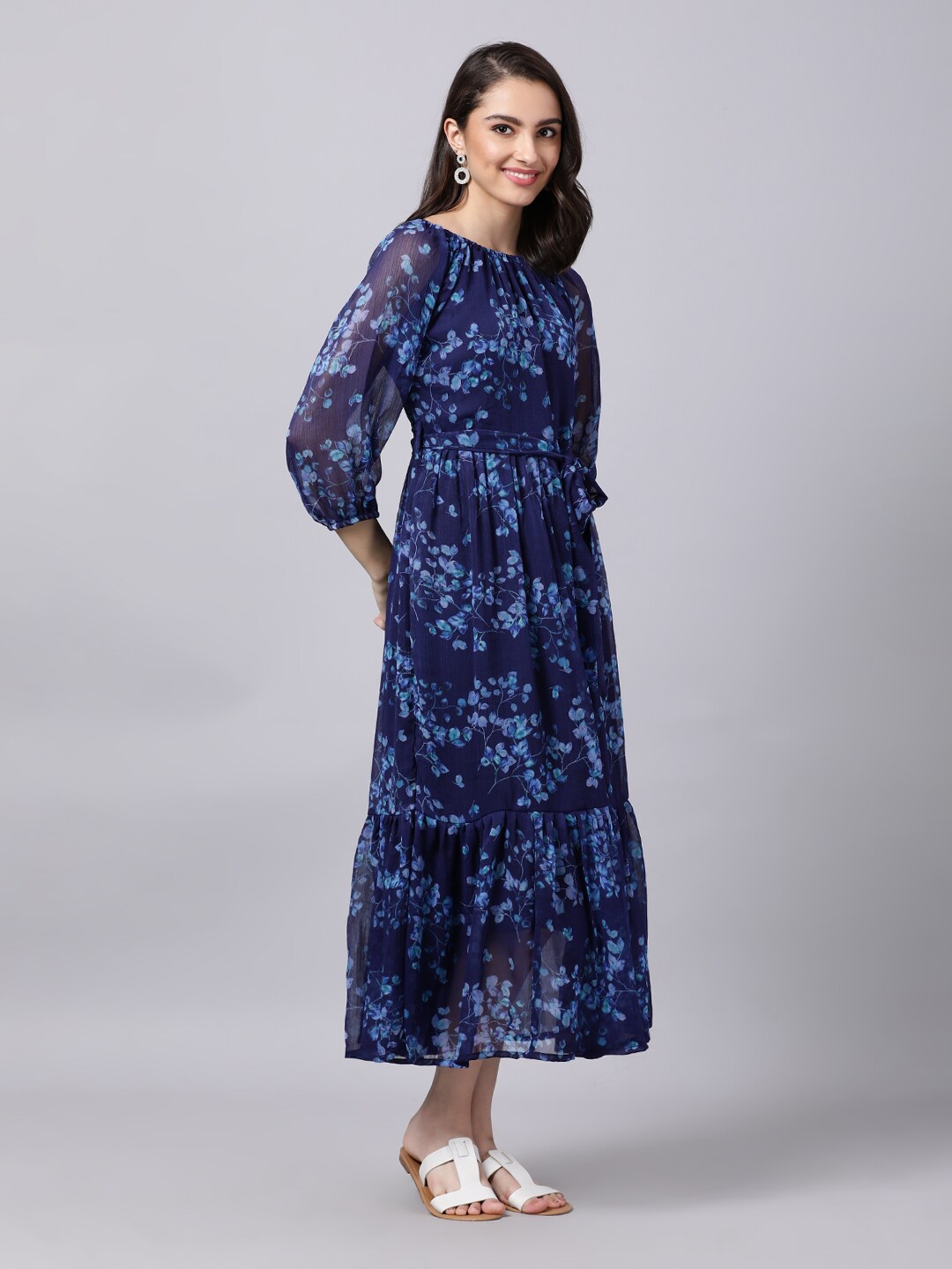 Souchii Navy Blue Floral Layered Chiffon A-Line Midi Dress | Grocsy