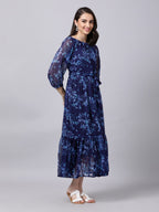 Souchii Navy Blue Floral Layered Chiffon A-Line Midi Dress | Grocsy