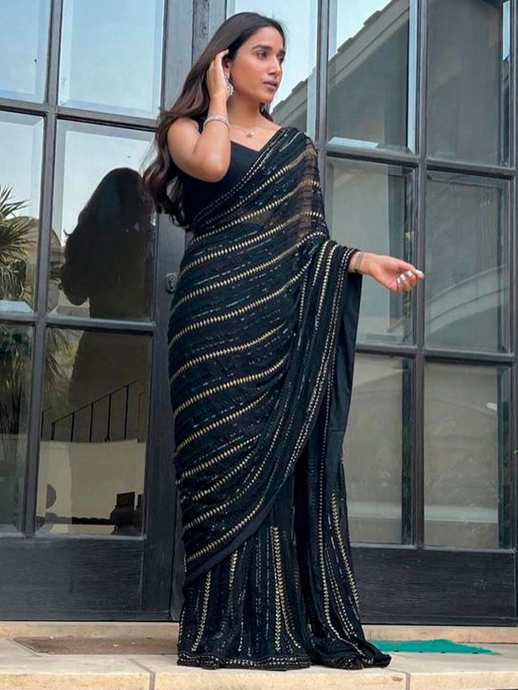 Sangria Embellished Sequinned Pure Georgette Saree | Grocsy