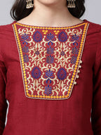 Souchii Maroon & Yellow Thread Work Grandeur & Majestic Artwork Cotton Kurta | Grocsy
