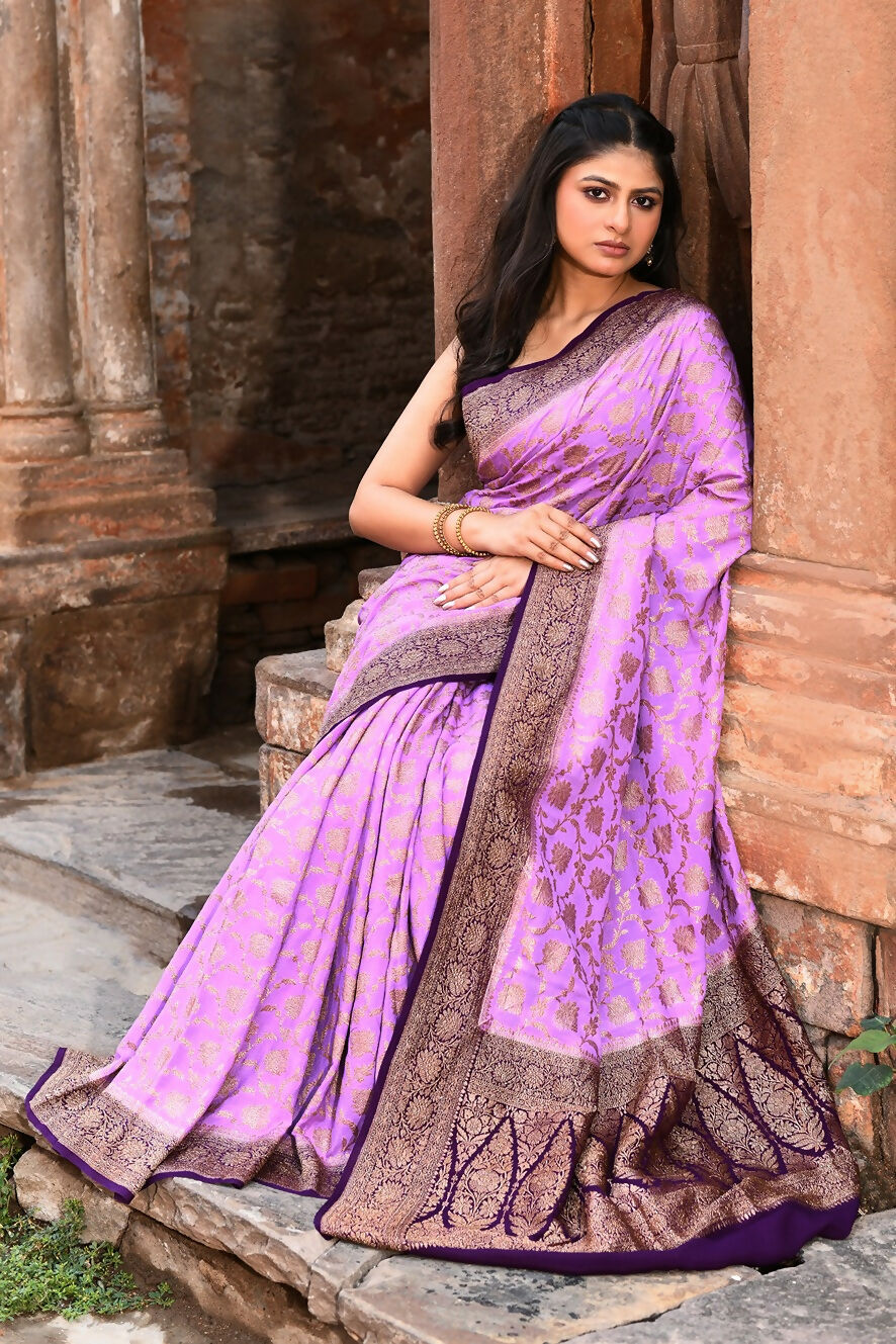 Joban Fashion Lavender Crepe Chiffon Pure Handloom Banarasi Silk Saree | Grocsy