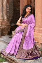 Joban Fashion Lavender Crepe Chiffon Pure Handloom Banarasi Silk Saree | Grocsy