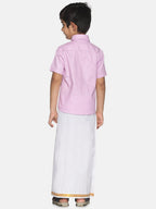 Sethukrishna Boys Pink & White Pure Cotton Shirt with Dhotis | Grocsy