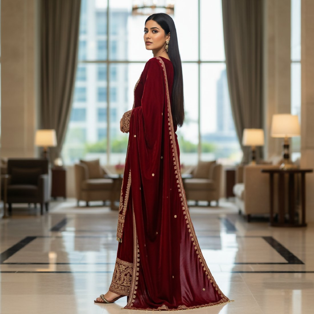 Joban Fashion Maroon Velvet Embroidery Sequence Work Readymade Kurta Set | Grocsy