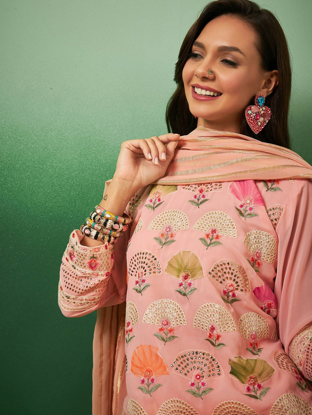 Peach Georgette Handwork Unstitched Dress Material - Hanika | Grocsy