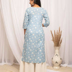 FIORRA Women's Floral Printed Sky Blue Cotton Straight Kurta | Grocsy