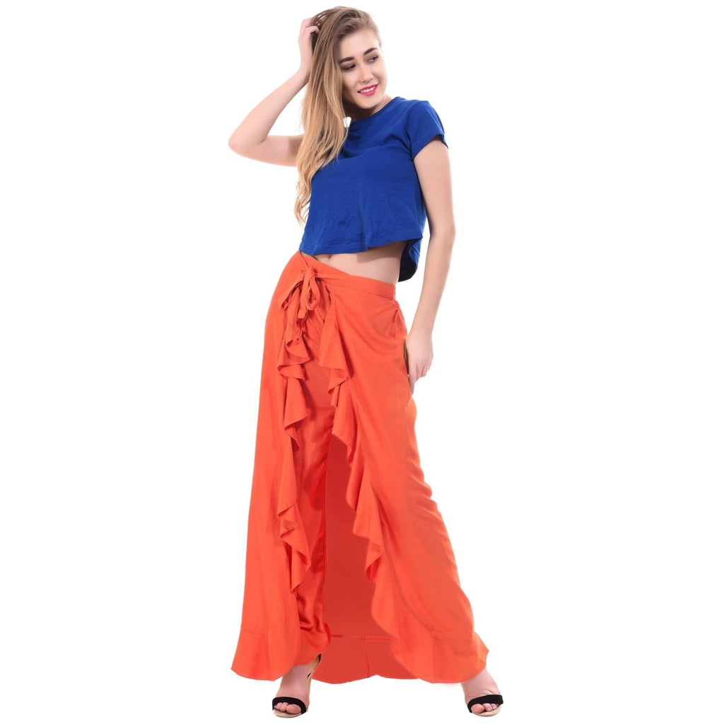 Asmaani Orange Color Plain Ruffle Palazzo | Grocsy