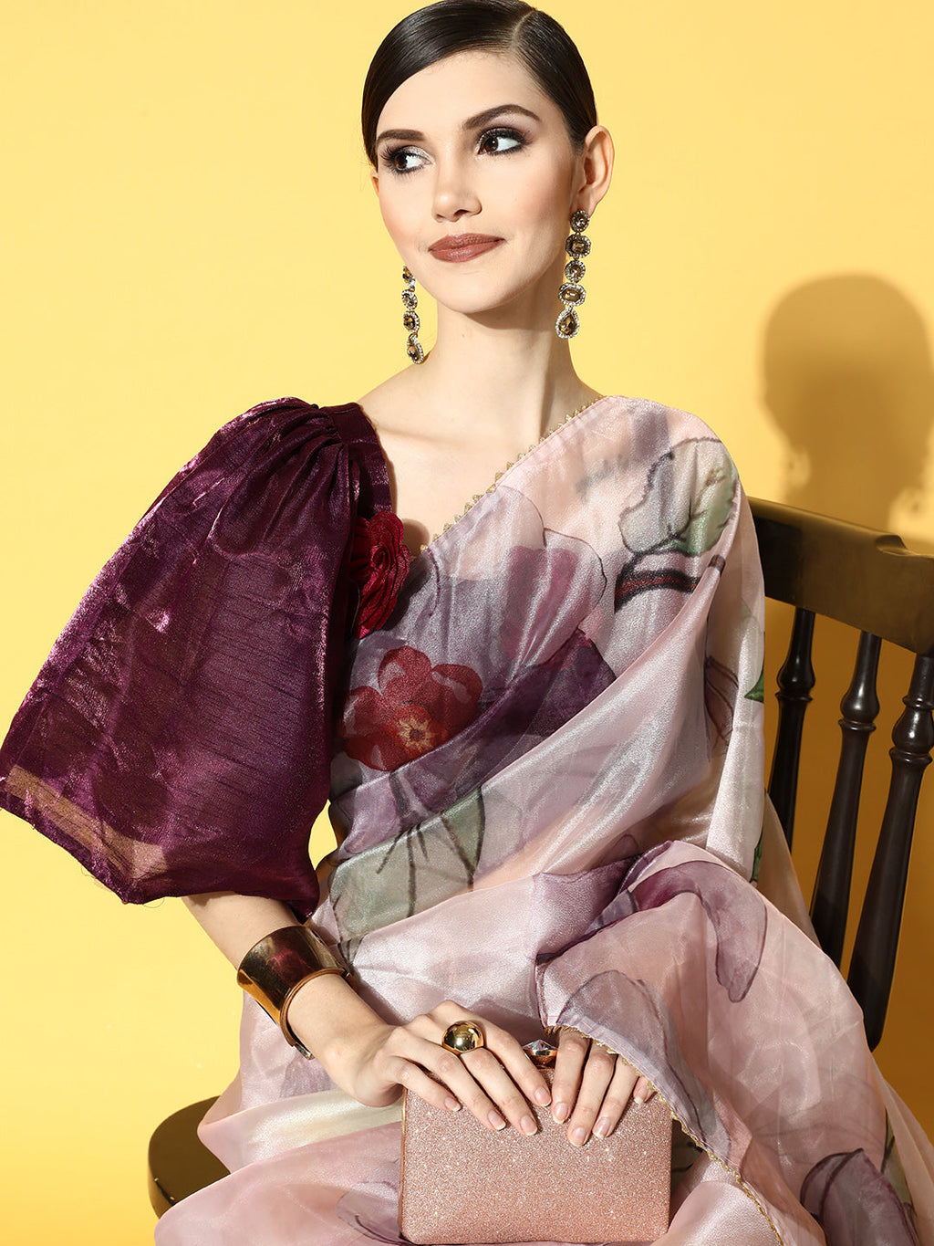 Tikhi Imli Pink & Mauve Floral Organza Saree | Grocsy