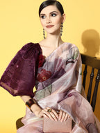 Tikhi Imli Pink & Mauve Floral Organza Saree | Grocsy