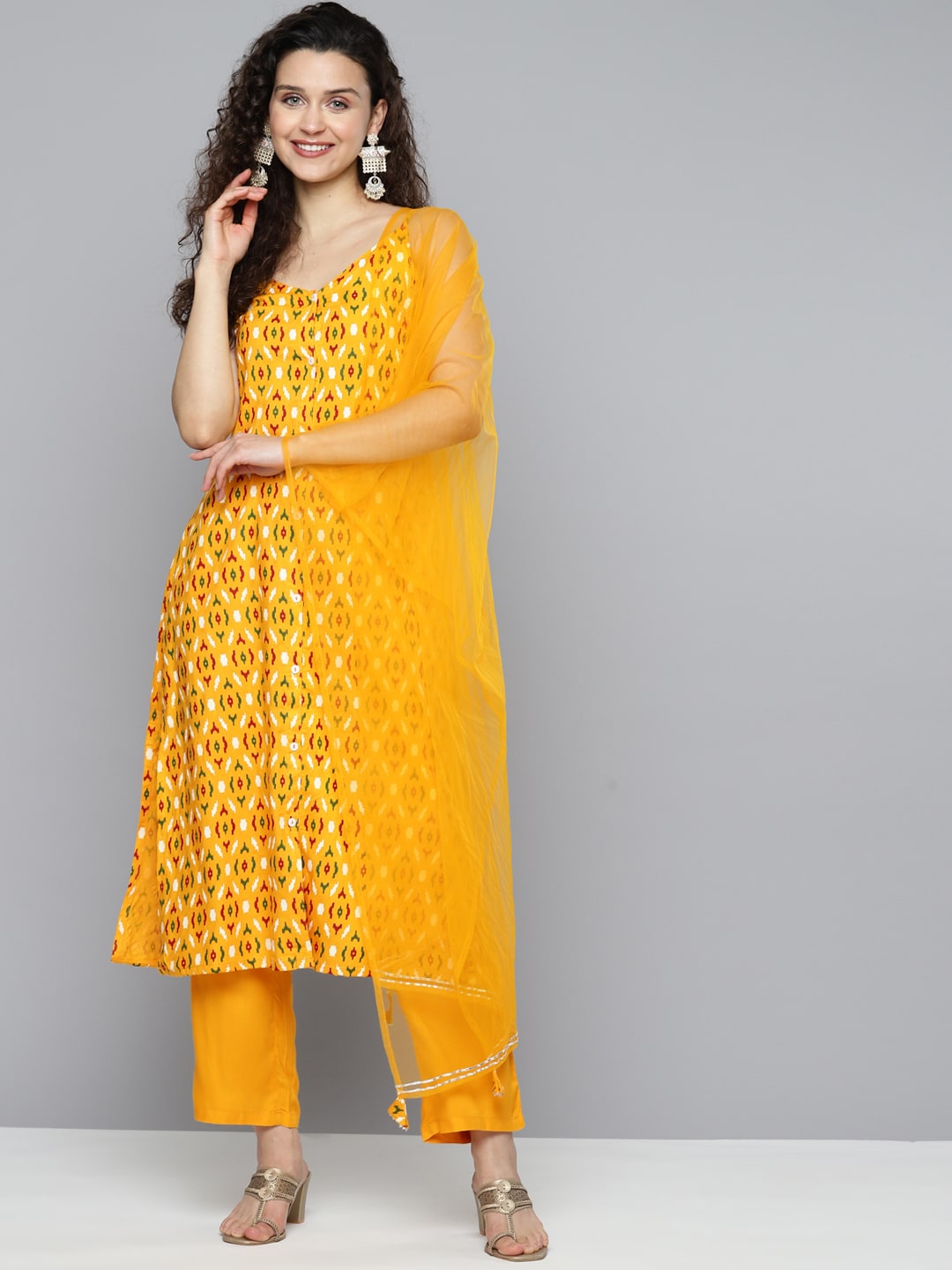 HERE&NOW Women Mustard Yellow Ethnic Motifs Printed Kurta with Trousers & With Dupatta | Grocsy