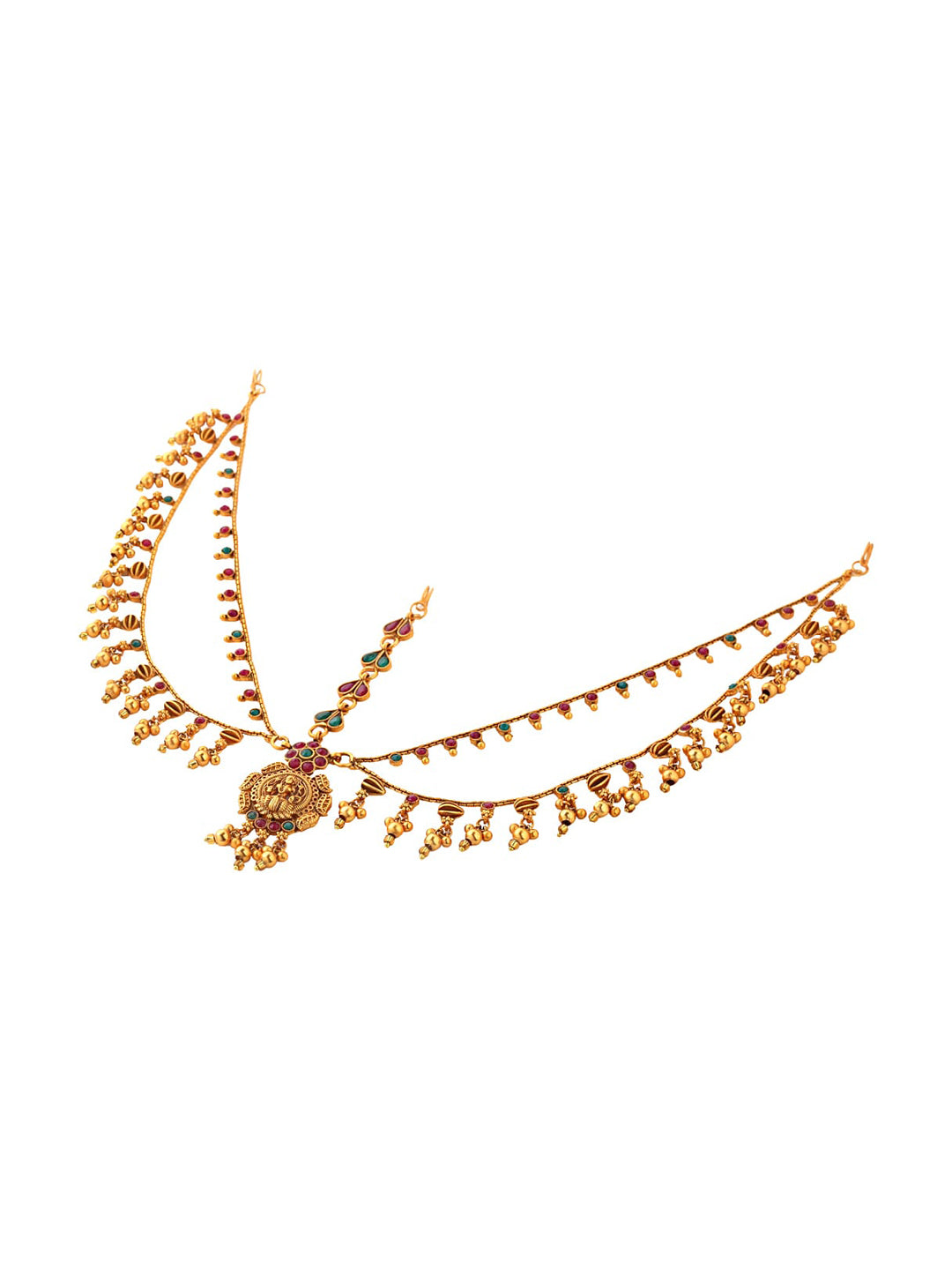Yellow Chimes Gold-Polished Pink & Green Stone Studded Ghungroo Beaded Mathapatti | Grocsy