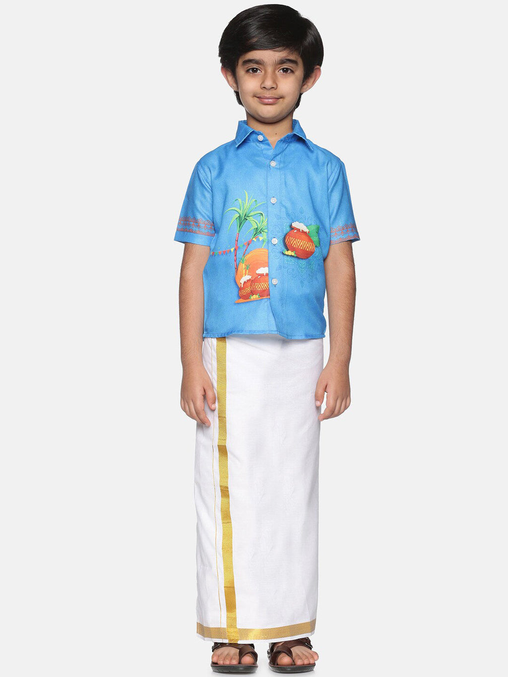 Sethukrishna Boys Traditional Boys Blue & White Printed Shirt with Dhoti | Grocsy