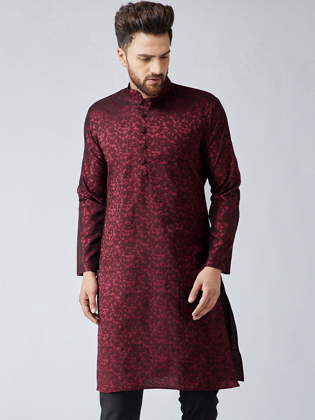 Sojanya Men Maroon Woven Design Straight Kurta | Grocsy