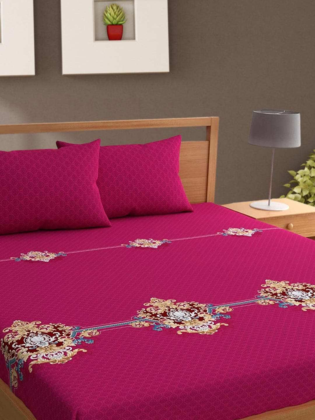 Bajo's Magenta & Blue Ethnic Motifs Printed 210 TC Cotton King Bedsheet & 2 Pillow Covers | Grocsy