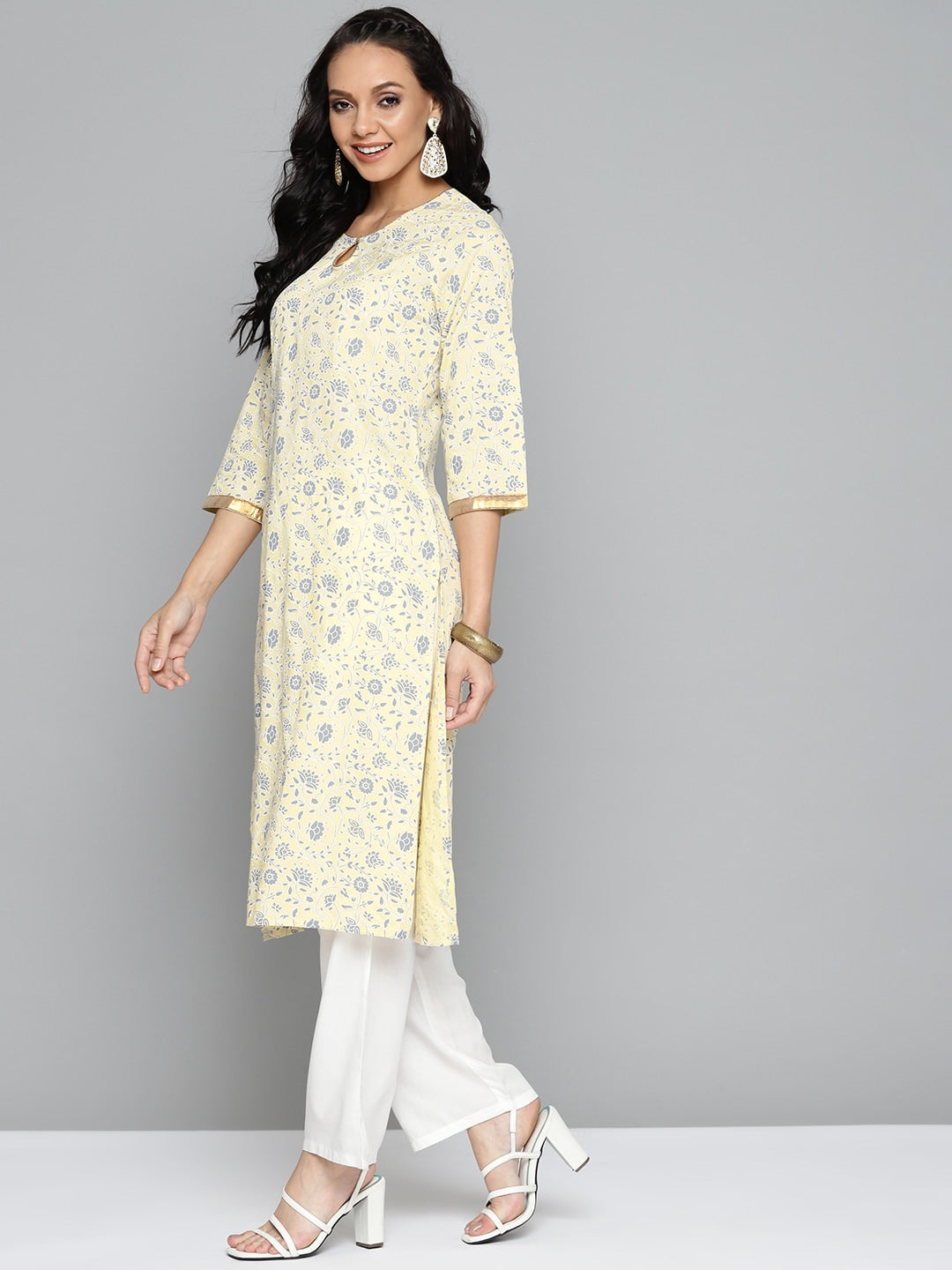 HERE&NOW Women Yellow & Grey Ethnic Motifs Printed Kurta with Trousers | Grocsy
