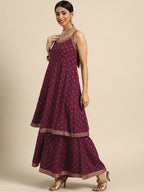 Sangria Women Burgundy & Golden Ethnic Motifs Printed Kurta with Sharara & Dupatta | Grocsy