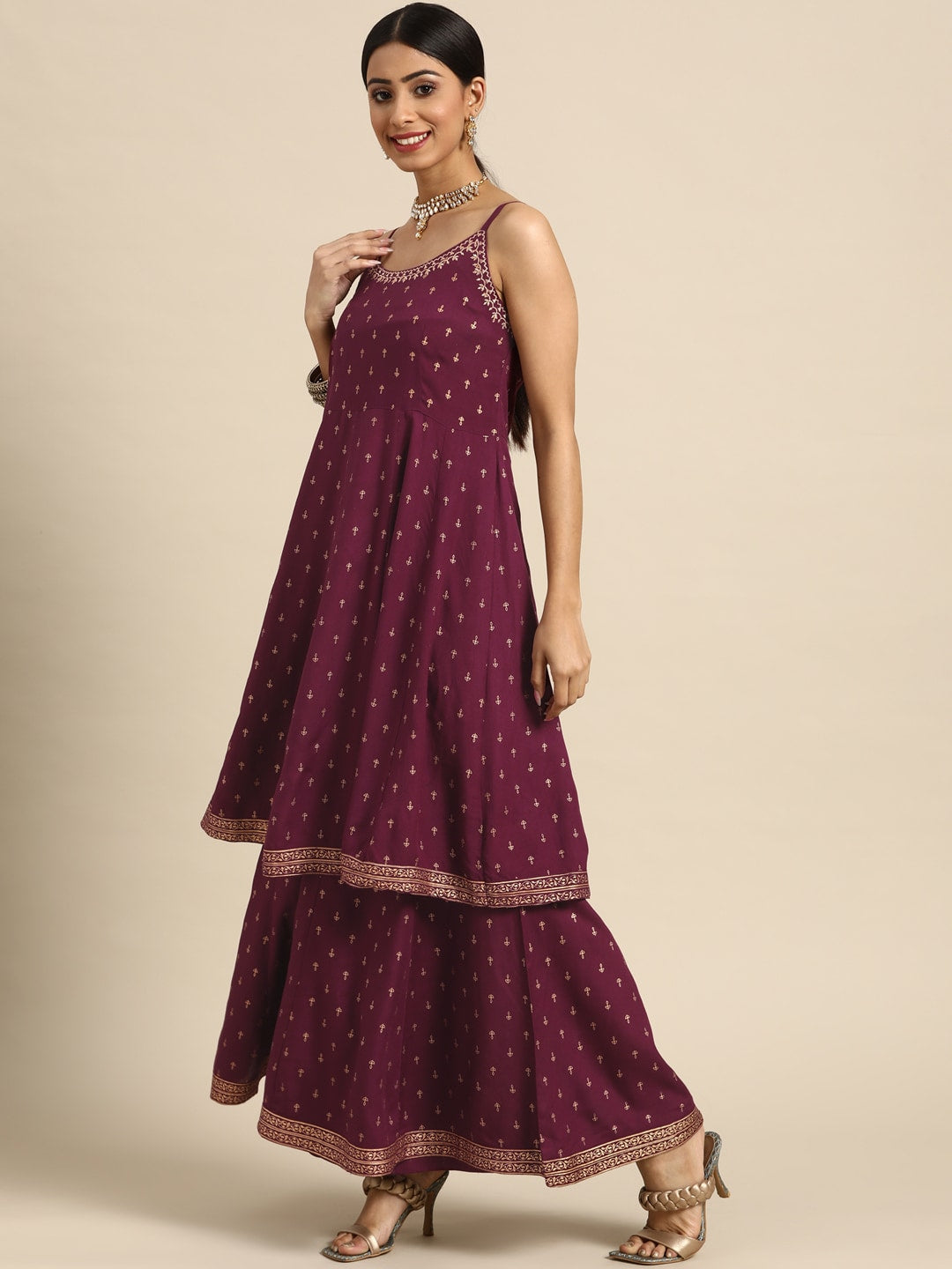 Sangria Women Burgundy & Golden Ethnic Motifs Printed Kurta with Sharara & Dupatta | Grocsy