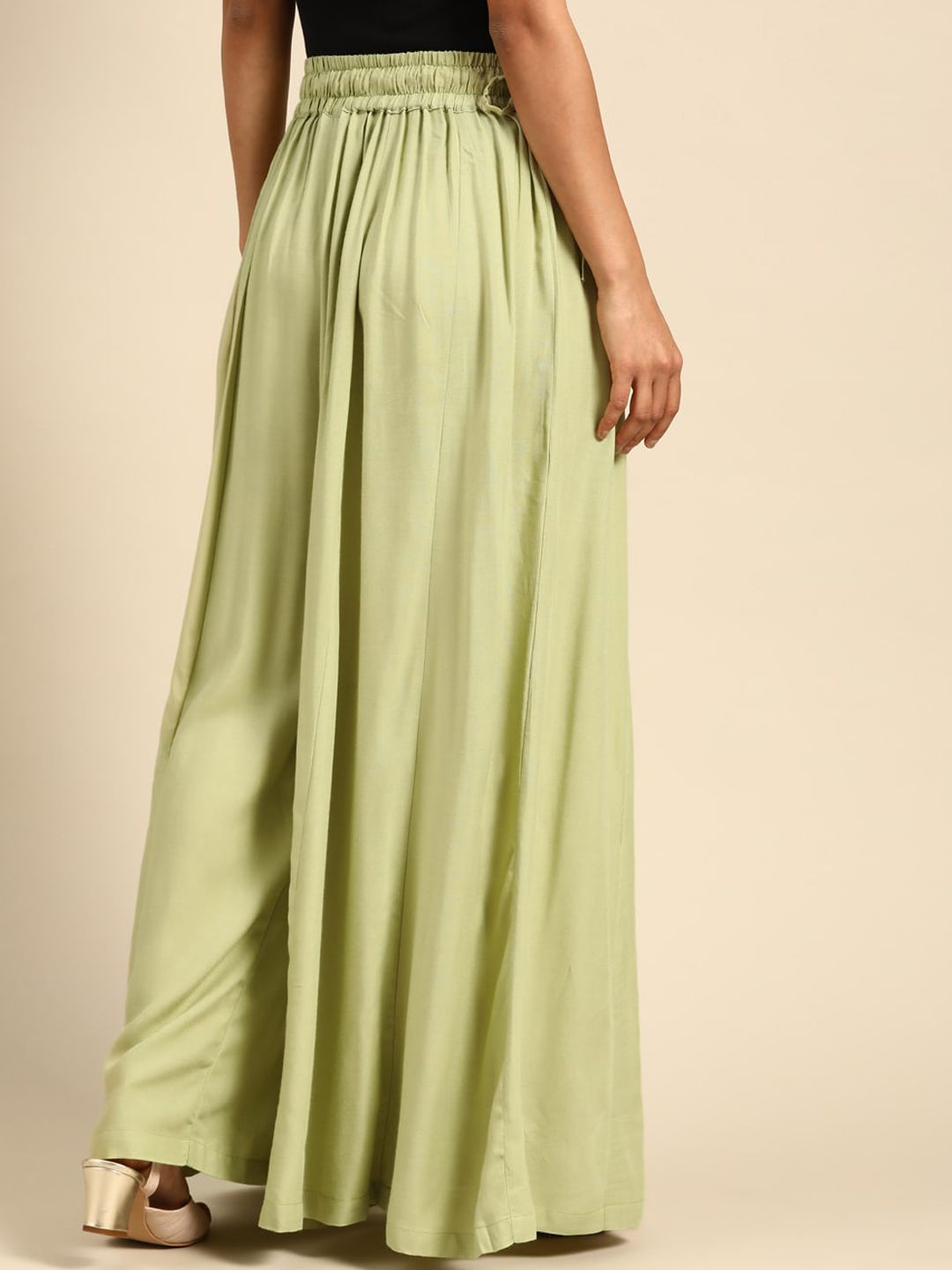 TAG 7 Women White & Green Solid Flared Palazzos | Grocsy