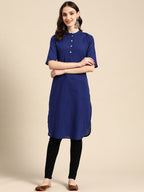 Sangria Women Solid Mandarin Collar Pure Cotton Indigo Kurta | Grocsy