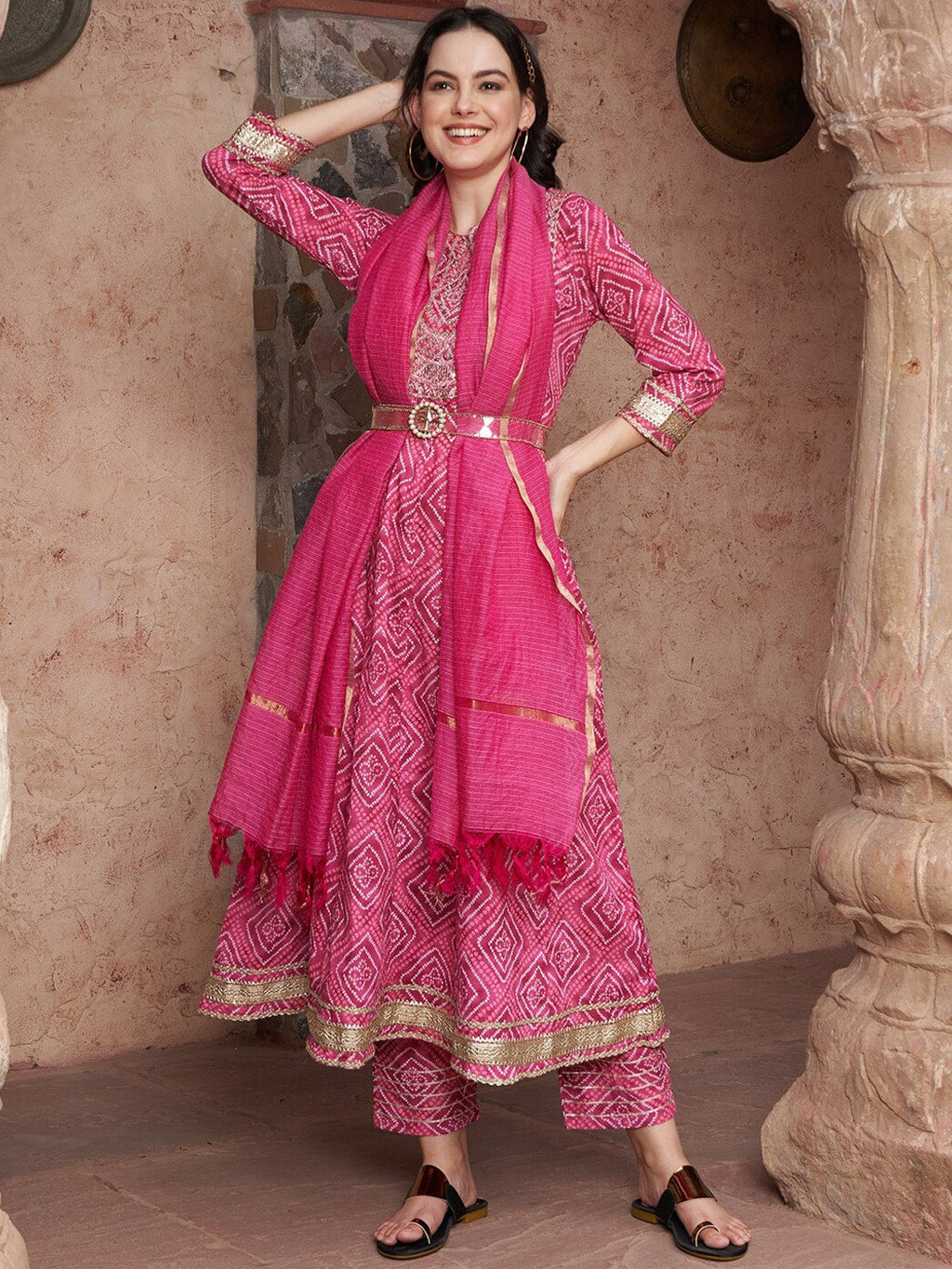 Sangria Bandhani Printed Thread Work Pure Cotton A-Line Kurta with Trousers & Dupatta | Grocsy