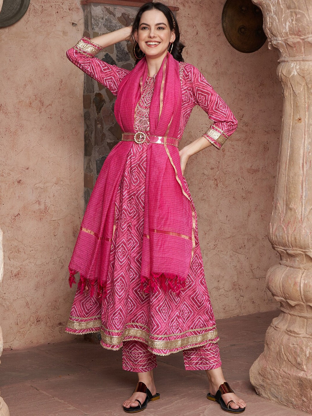 Sangria Bandhani Printed Thread Work Pure Cotton A-Line Kurta with Trousers & Dupatta | Grocsy