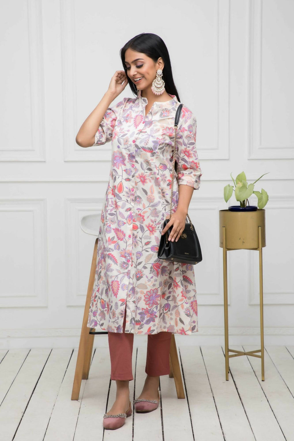 Myshka Women Cotton A-Line Round Neck Multi Floral Kurtas | Grocsy
