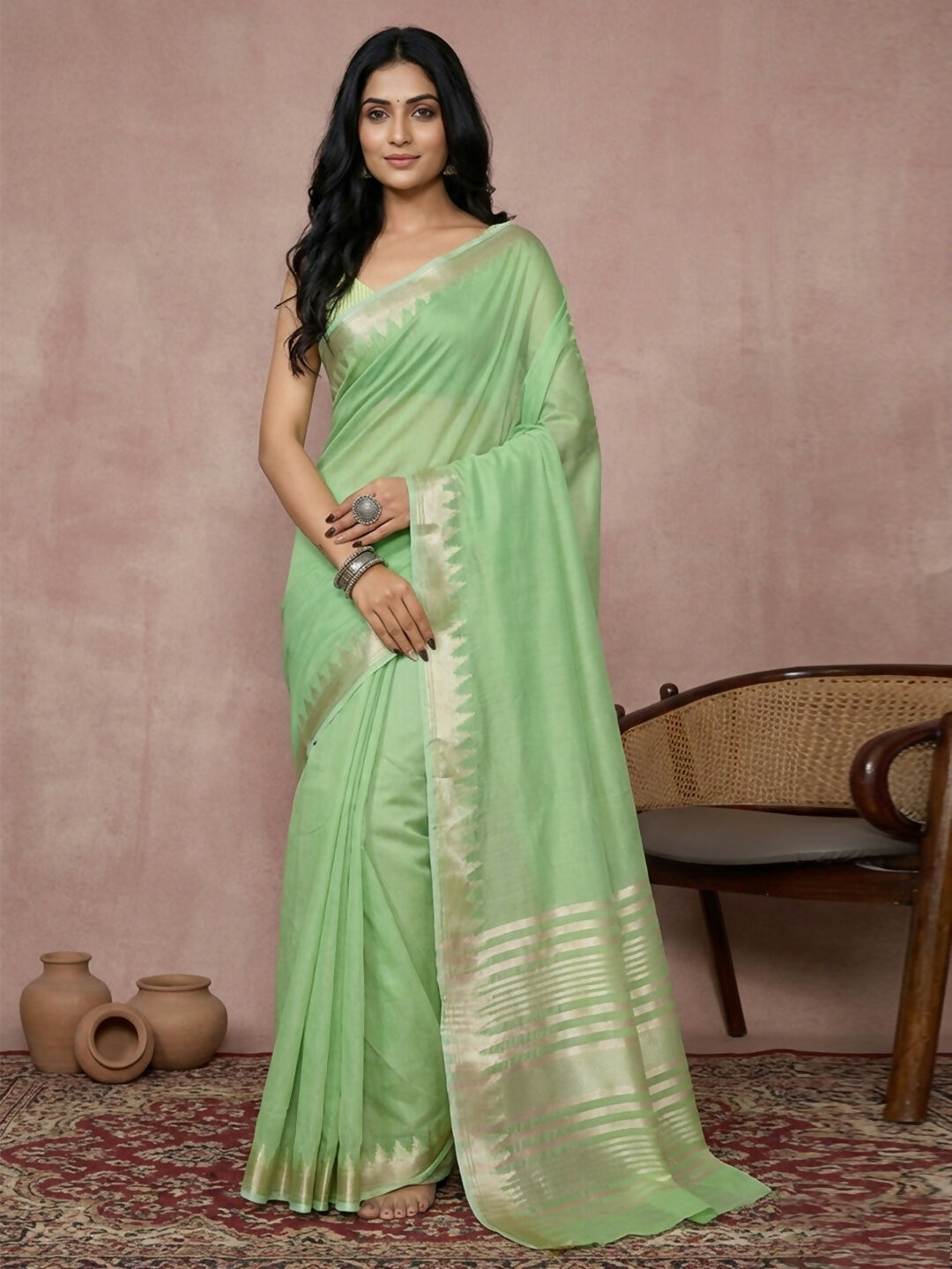 Shree Shyam Fashion Light Green Cotton Saree | Grocsy