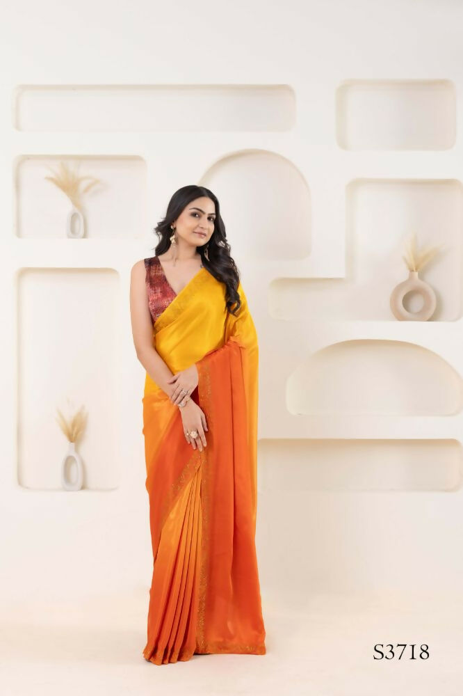 Yellow Satin Pedding Designer, Printed Party Wear Ready To Wear Saree - Femina | Grocsy