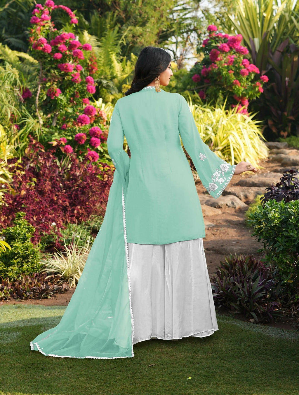 Nikhaar Light Green Embroidered Modal Silk Stitched Straight Cut Kurta Kalidar Palazzo Dupatta Readymade Suit | Grocsy