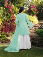 Nikhaar Light Green Embroidered Modal Silk Stitched Straight Cut Kurta Kalidar Palazzo Dupatta Readymade Suit | Grocsy