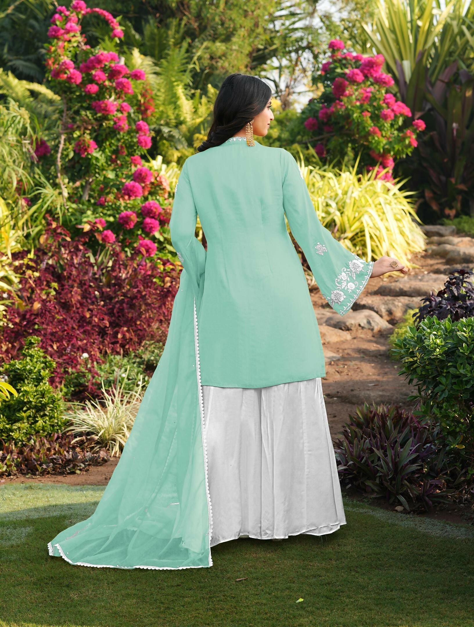Nikhaar Light Green Embroidered Modal Silk Stitched Straight Cut Kurta Kalidar Palazzo Dupatta Readymade Suit | Grocsy