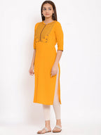 HERE&NOW Yellow Geometric Yoke Design Thread Work Kurta | Grocsy