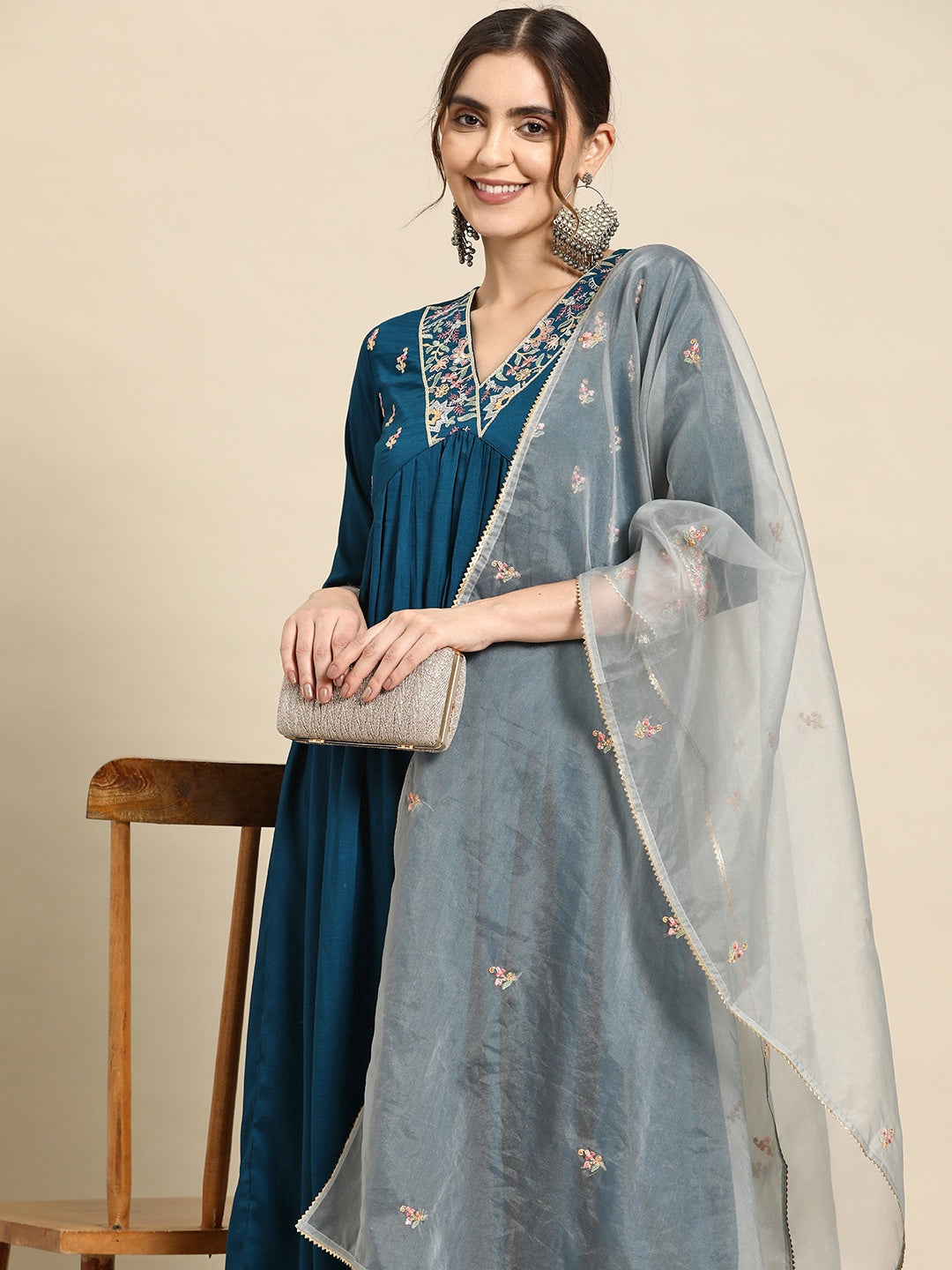 Sangria Floral Embroidered Empire Thread Work Kurta With Palazzos & Dupatta | Grocsy