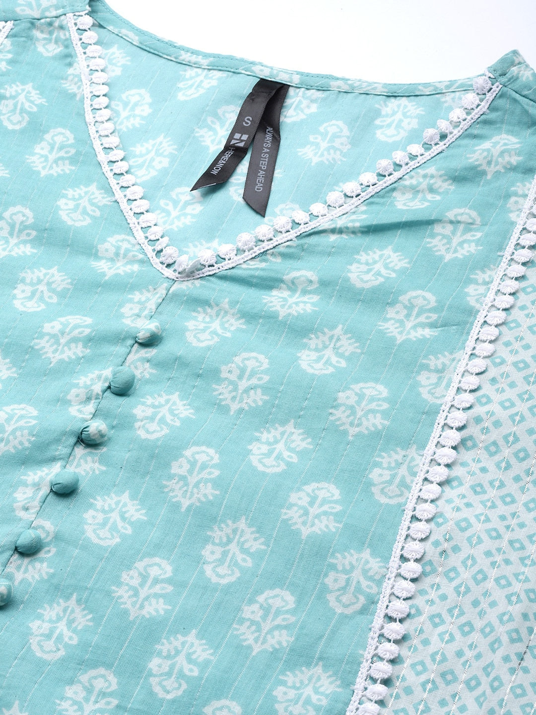 HERE&NOW Women Turquoise Blue Floral Printed Pure Cotton Kurta with Palazzos & With Dupatta | Grocsy