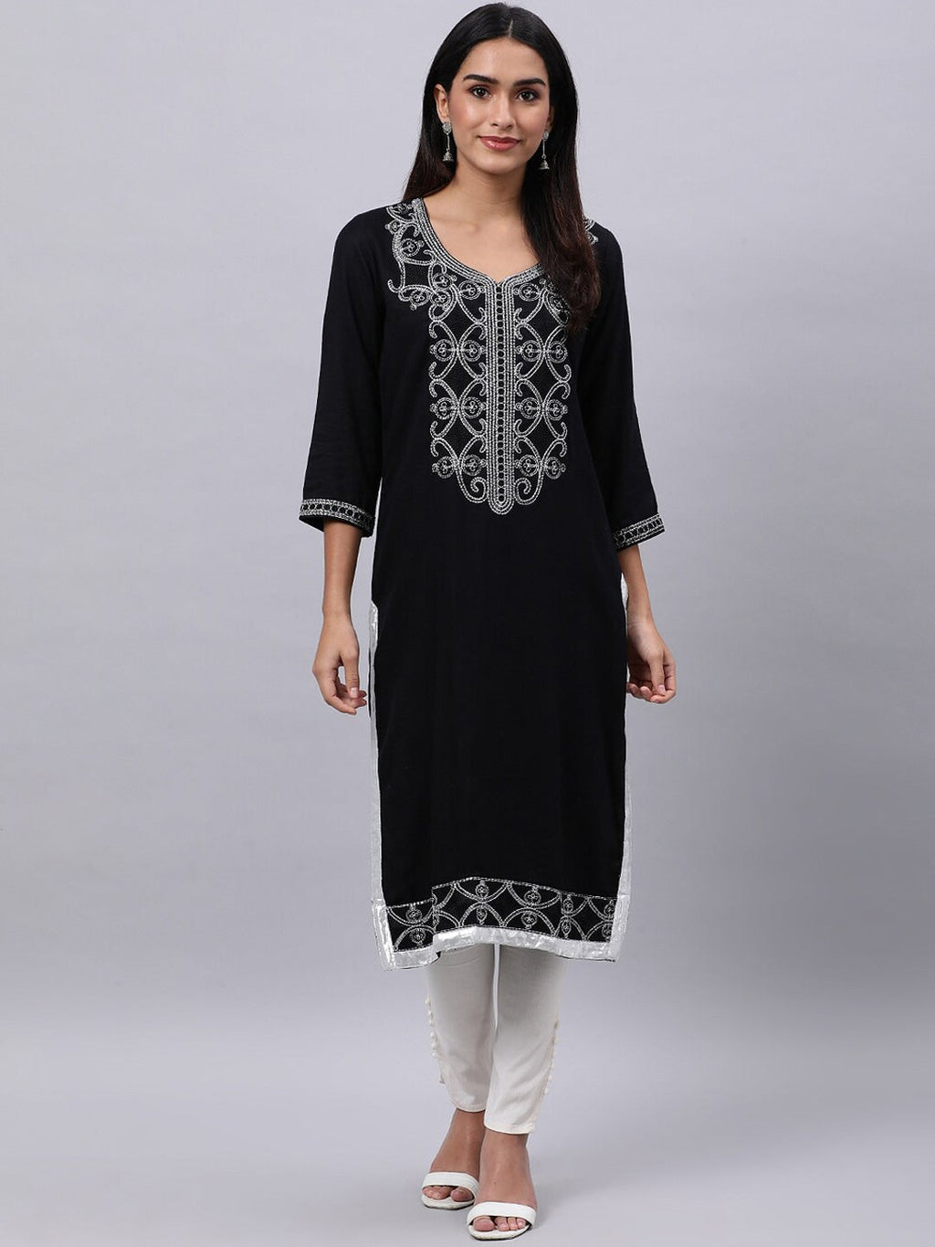 Souchii Black Ethnic Motifs Yoke Design Thread Work Grandeur & Majestic Artwork Kurta | Grocsy