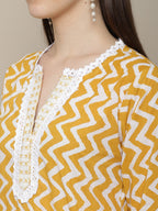 Sangria Women Yellow Printed Pure Cotton Kurti with Trousers & Dupatta Set | Grocsy